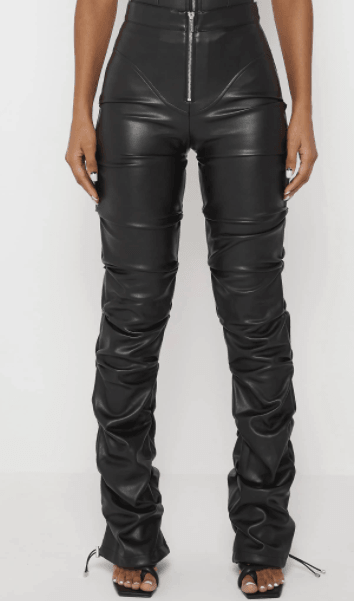 TACKED VEGAN LEATHER FLARED PANTS-BLACK