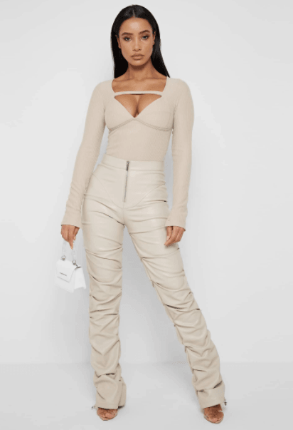 PADDED VEGAN LEATHER FLARED PANTS-BEIGE