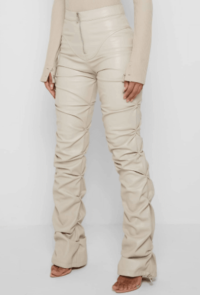 PADDED VEGAN LEATHER FLARED PANTS-BEIGE