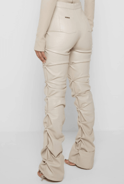 PADDED VEGAN LEATHER FLARED PANTS-BEIGE