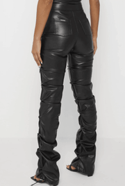 TACKED VEGAN LEATHER FLARED PANTS-BLACK - MALVI PARIS