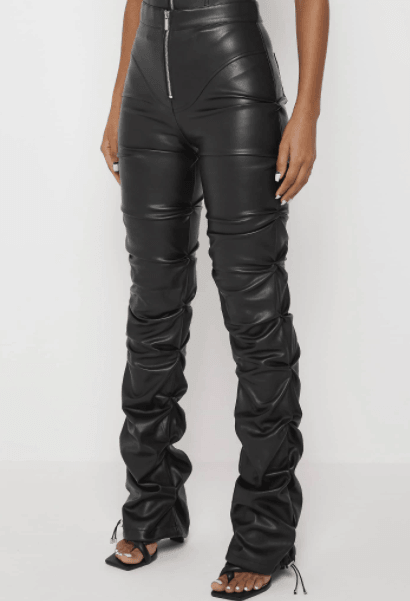 TACKED VEGAN LEATHER FLARED PANTS-BLACK