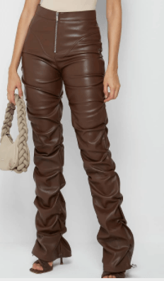 VEGAN LEATHER FLARED PANTS-CHOCOLATE BROWN