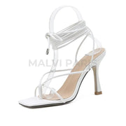 Leona Square Cross Straps High Heels Sandals - White - MALVI PARIS