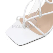 Leona Square Cross Straps High Heels Sandals - White - MALVI PARIS