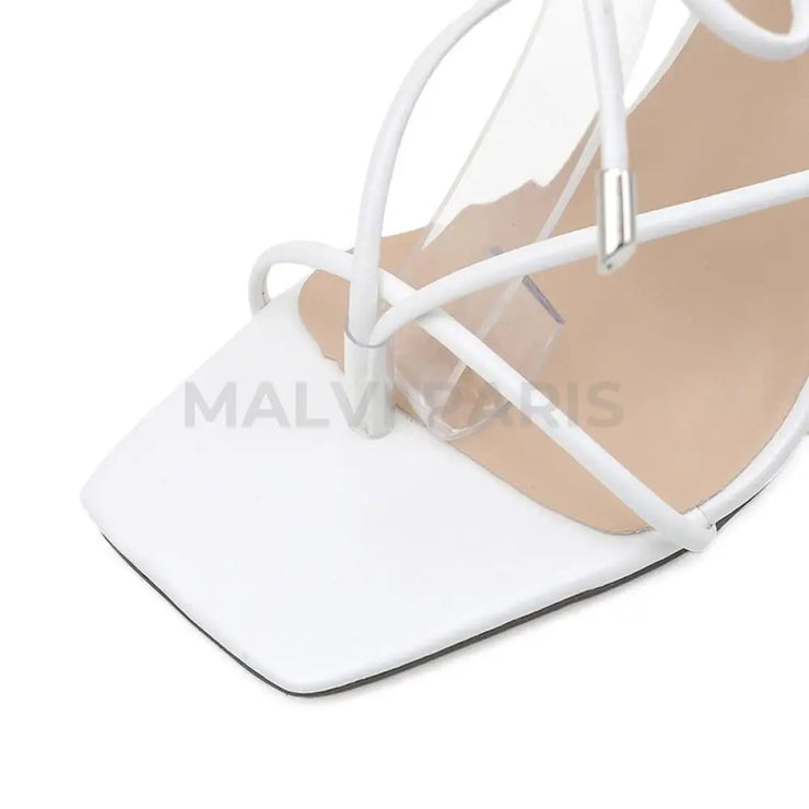 Leona Square Cross Straps High Heels Sandals - White - MALVI PARIS