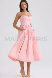 Lolita Rose Pink Cotton Corset Sundress Midi Dress - Pink