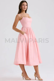 Lolita Rose Pink Cotton Corset Sundress Midi Dress - Pink