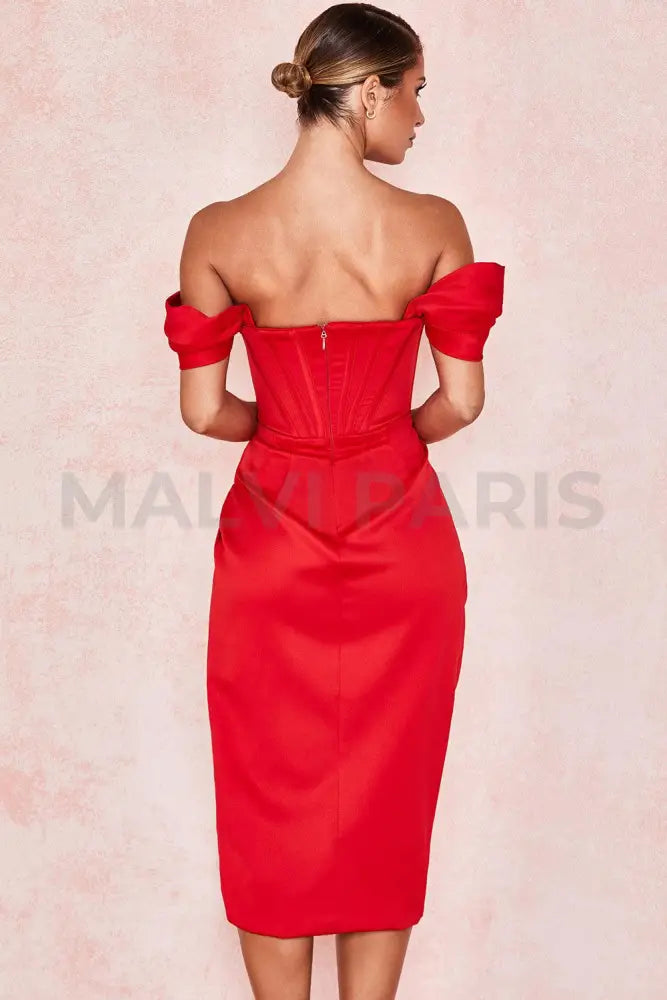 LORETTA SATIN OFF SHOULDER DRESS - Red - MALVI PARIS