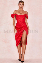 LORETTA SATIN OFF SHOULDER DRESS - Red - MALVI PARIS