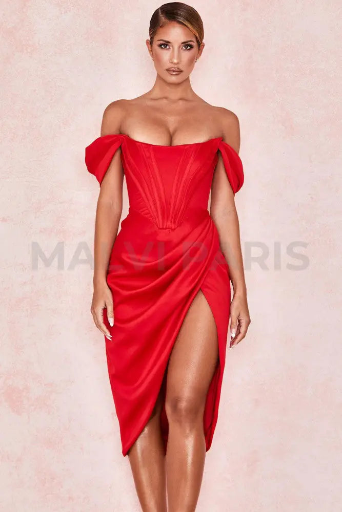 LORETTA SATIN OFF SHOULDER DRESS - Red