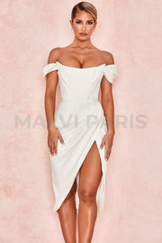 LORETTA SATIN OFF SHOULDER MIDI DRESS - White - MALVI PARIS