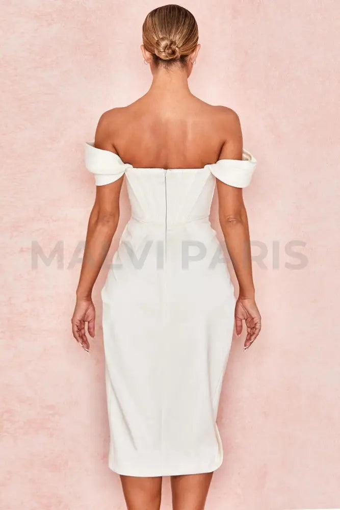 LORETTA SATIN OFF SHOULDER MIDI DRESS - White - MALVI PARIS