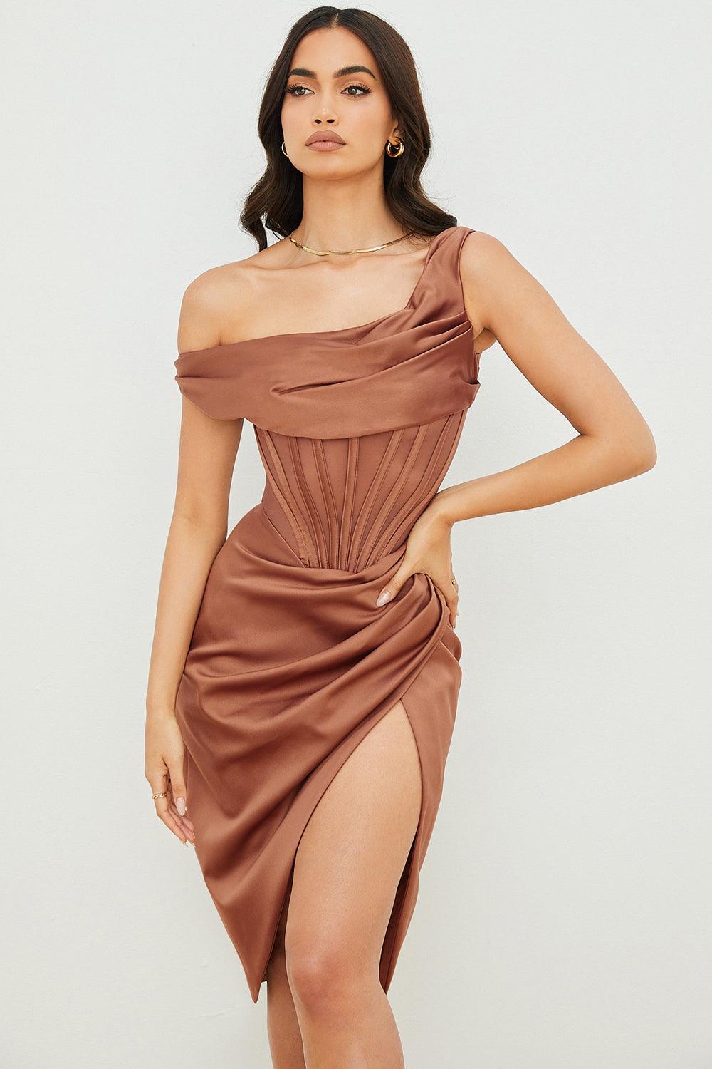 LULU Asymmetric Drape Midi Corset Dress - Brown