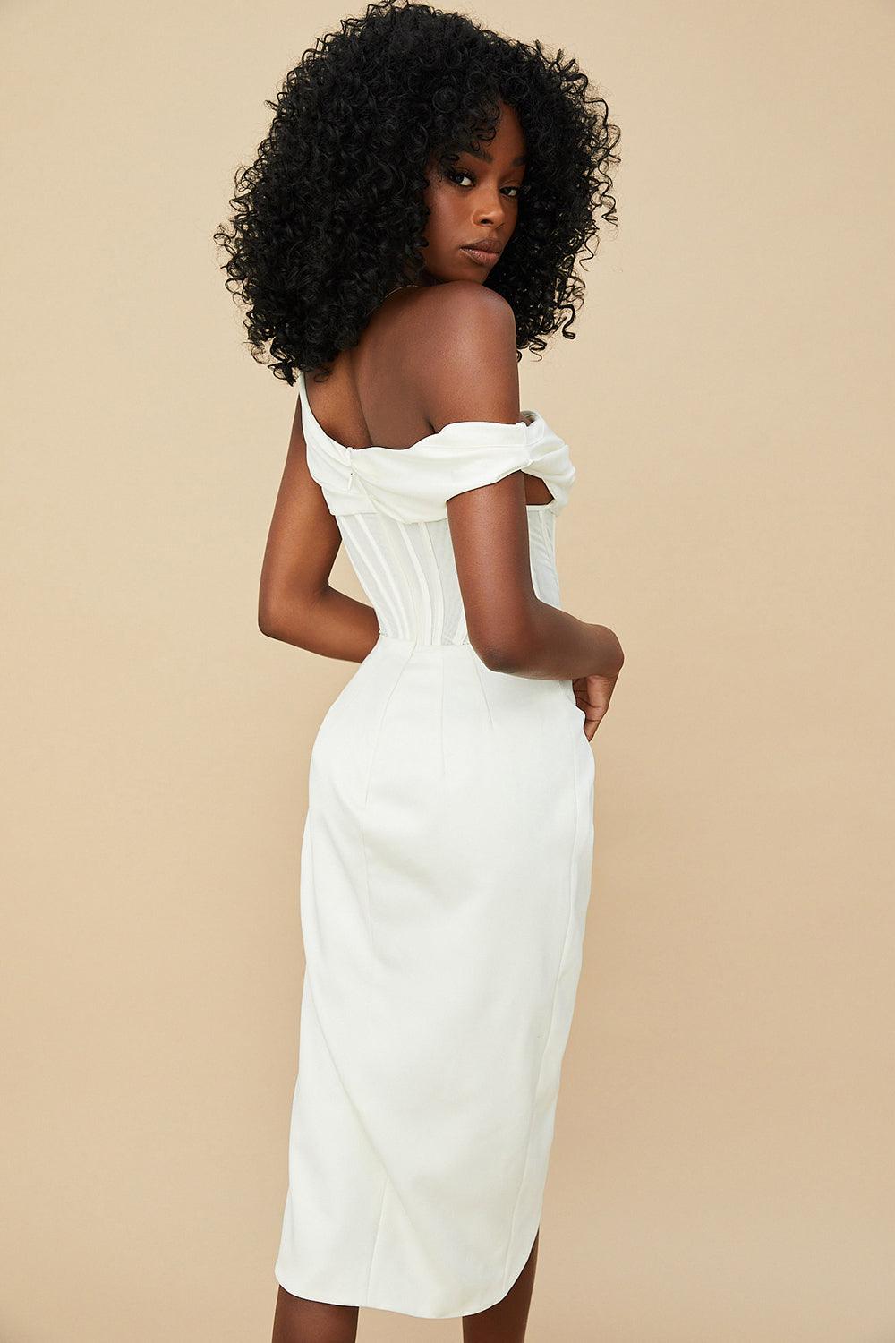 LULU Asymmetric Drape Midi Corset Dress - White