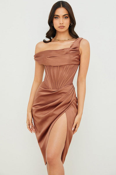 LULU Asymmetric Drape Midi Corset Dress - Brown - MALVI PARIS