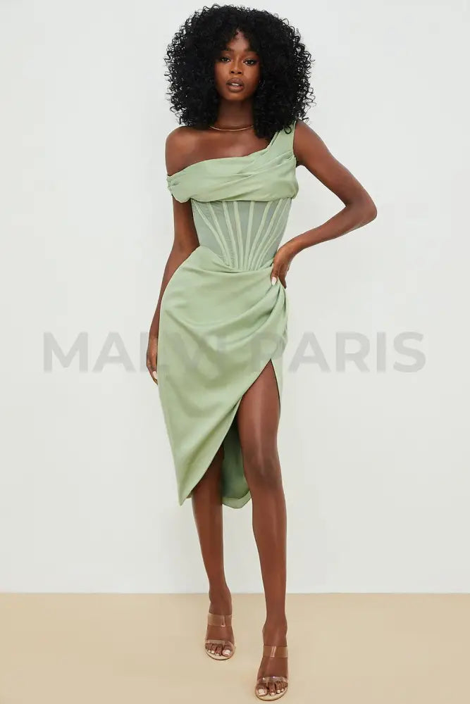 LULU Asymmetric Drape Midi Corset Dress - Green - MALVI PARIS