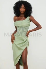 LULU Asymmetric Drape Midi Corset Dress - Green - MALVI PARIS