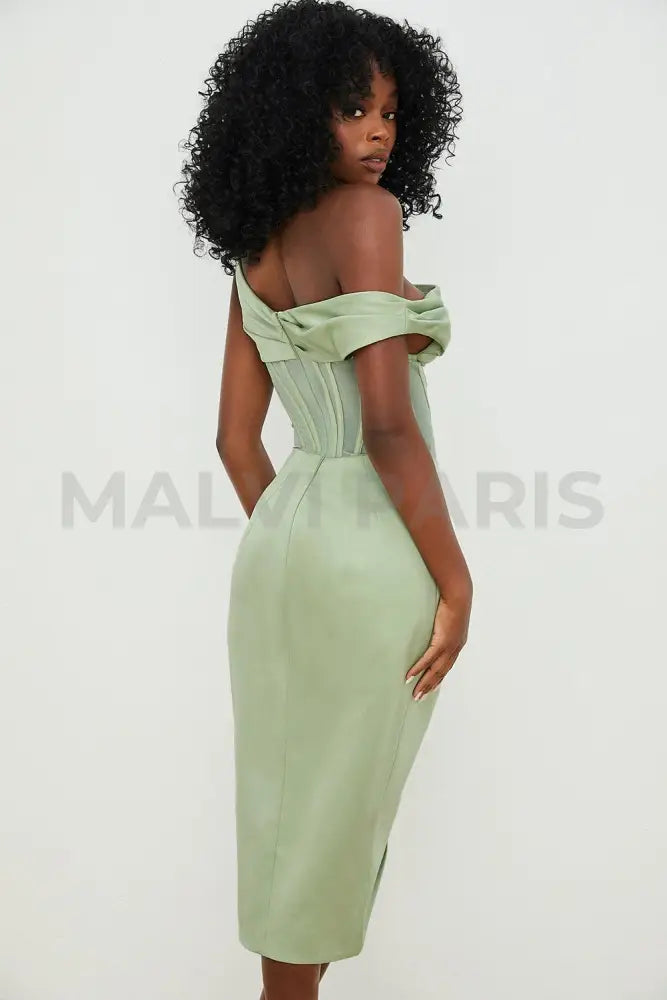 LULU Asymmetric Drape Midi Corset Dress - Green - MALVI PARIS