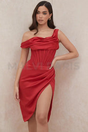 LULU Asymmetric Drape Midi Corset Dress - Red - MALVI PARIS