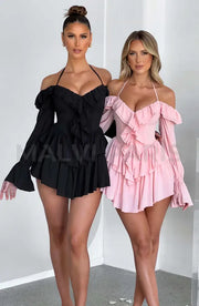 Lyon Off Shoulder Ruffle Mini Dress - Black Dresses