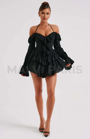 Lyon Off Shoulder Ruffle Mini Dress - Black Dresses