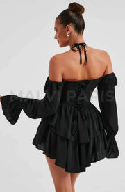 Lyon Off Shoulder Ruffle Mini Dress - Black Dresses