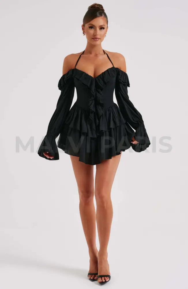 Lyon Off Shoulder Ruffle Mini Dress - Black Dresses