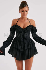 Lyon Off Shoulder Ruffle Mini Dress - Black Dresses