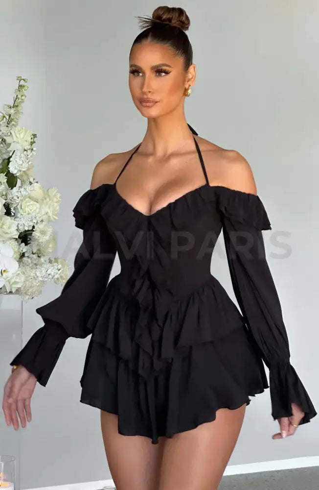 Lyon Off Shoulder Ruffle Mini Dress - Black Dresses