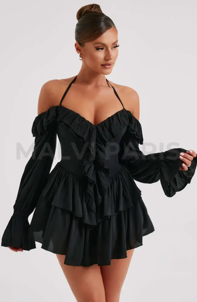 Lyon Off Shoulder Ruffle Mini Dress - Black Xs / Black Dresses