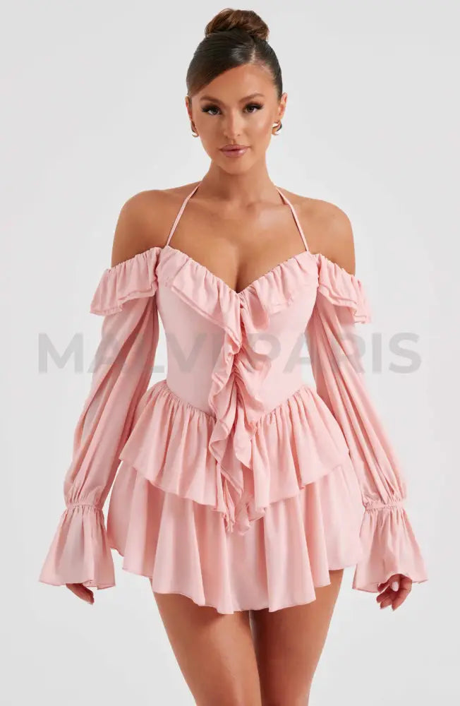 Lyon Off Shoulder Ruffle Mini Dress - Pink Dresses