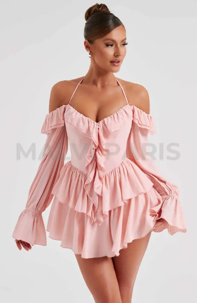 Lyon Off Shoulder Ruffle Mini Dress - Pink Dresses