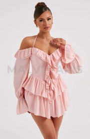 Lyon Off Shoulder Ruffle Mini Dress - Pink Dresses