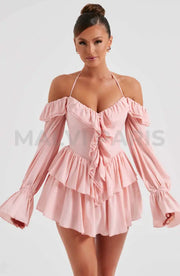 Lyon Off Shoulder Ruffle Mini Dress - Pink Dresses