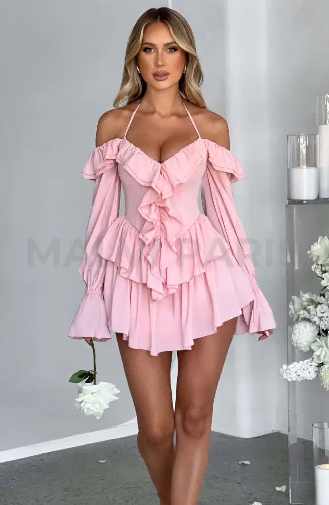 Lyon Off Shoulder Ruffle Mini Dress - Pink Dresses