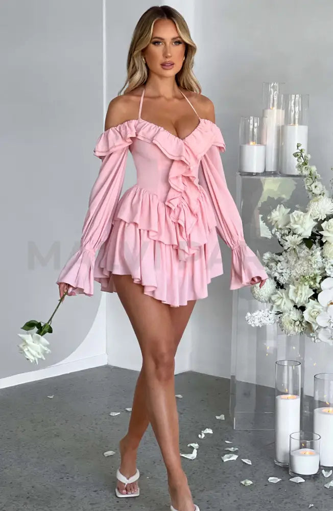 Lyon Off Shoulder Ruffle Mini Dress - Pink Dresses