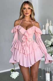 Lyon Off Shoulder Ruffle Mini Dress - Pink Dresses