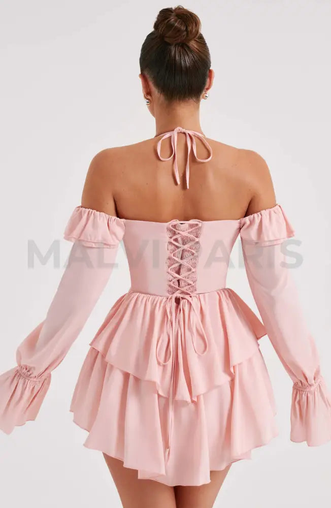 Lyon Off Shoulder Ruffle Mini Dress - Pink Dresses