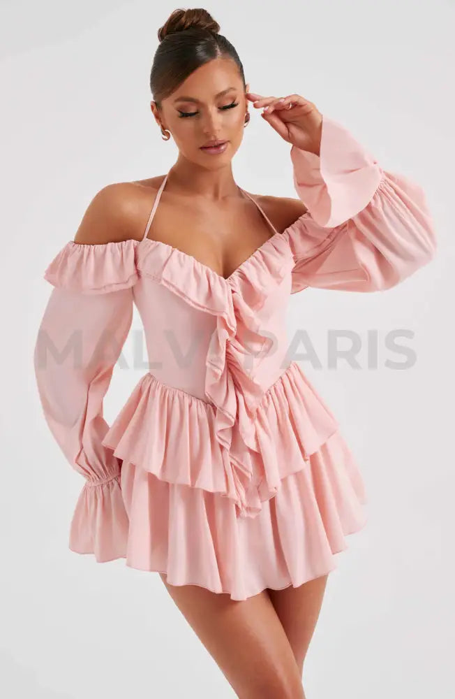 Lyon Off Shoulder Ruffle Mini Dress - Pink Dresses