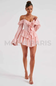 Lyon Off Shoulder Ruffle Mini Dress - Pink Dresses