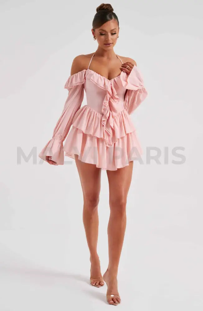 Lyon Off Shoulder Ruffle Mini Dress - Pink Dresses