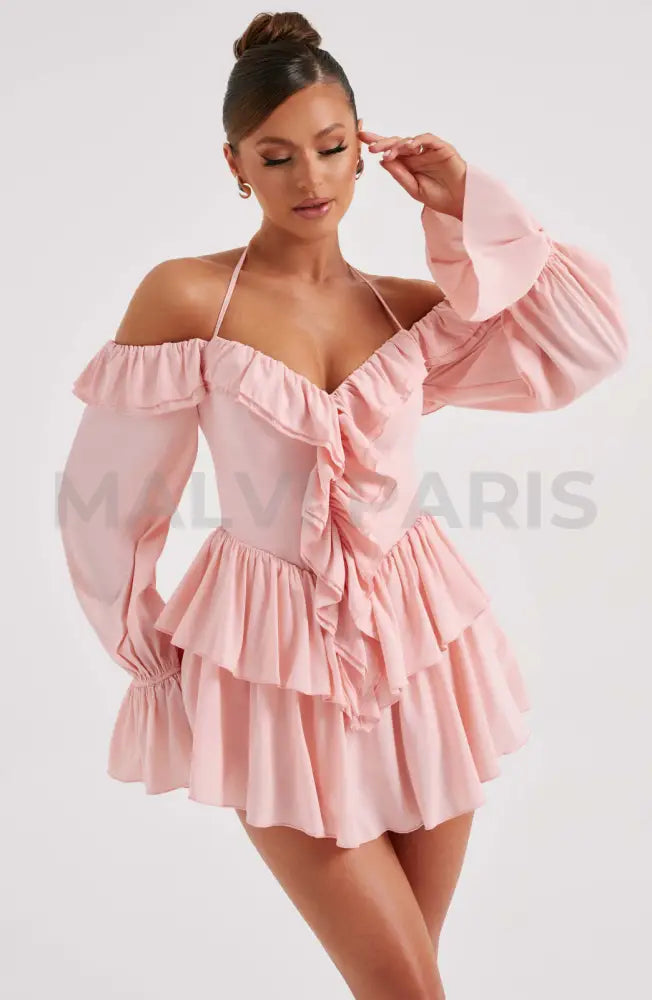 Lyon Off Shoulder Ruffle Mini Dress - Pink Dresses