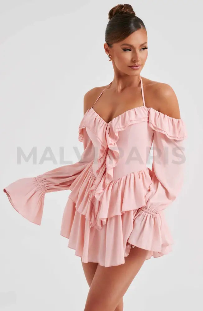 Lyon Off Shoulder Ruffle Mini Dress - Pink Dresses