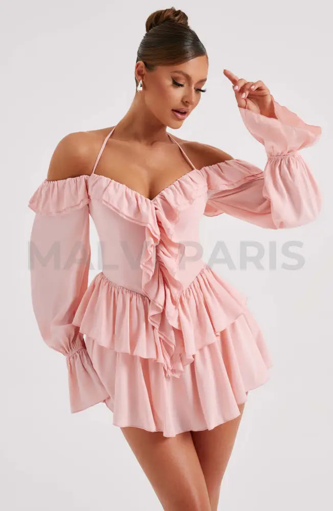 Lyon Off Shoulder Ruffle Mini Dress - Pink Dresses