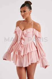 Lyon Off Shoulder Ruffle Mini Dress - Pink Dresses