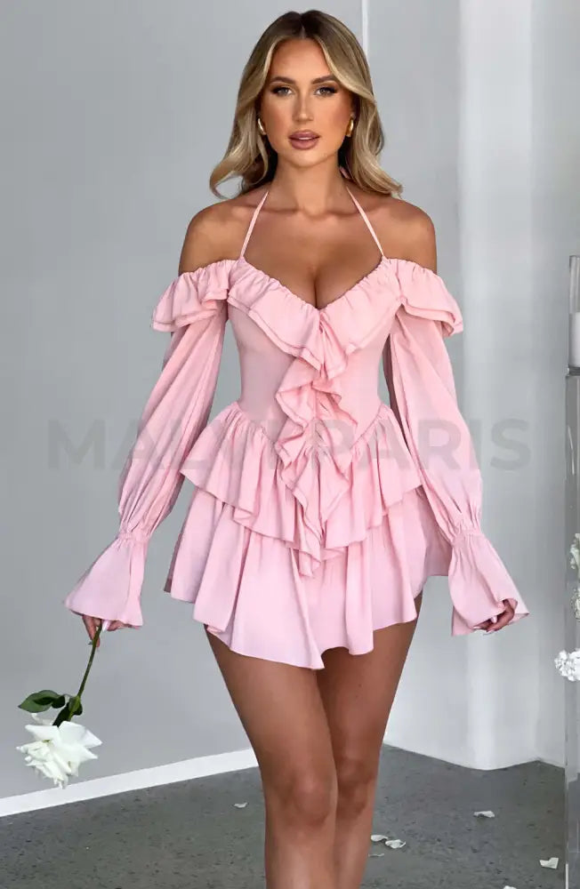 Lyon Off Shoulder Ruffle Mini Dress - Pink Xs / Pink Dresses