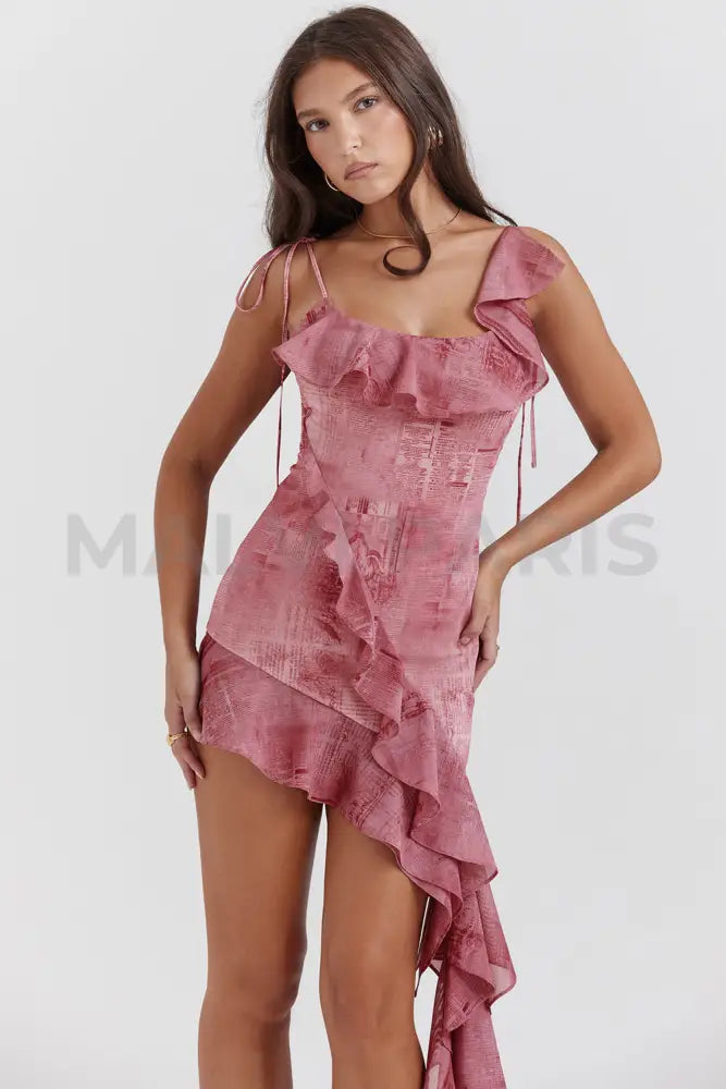 Lyrah Pink Print Ruffle Mini Dress - Pink Dresses