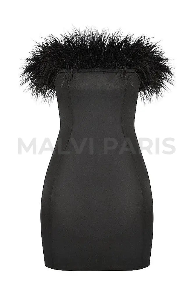 MADDIE Satin Off Shoulder Feather Strapless Mini Dress - Black - MALVI PARIS