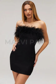 MADDIE Satin Off Shoulder Feather Strapless Mini Dress - Black - MALVI PARIS